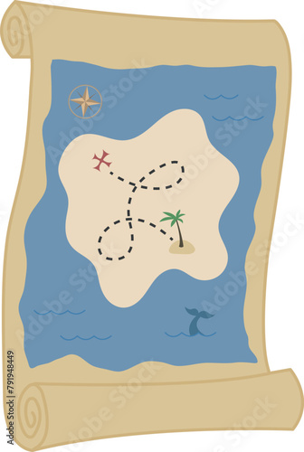  vector flat illustration of treasure map on parchment isolated on transparent background. pirate adventure map png image without background. map of island clip art in cartoon style