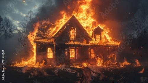 An insured house burns down, fire insurance photo
