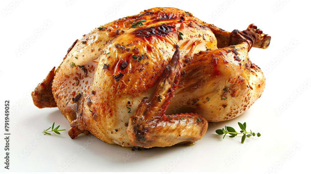 A beautifully roasted chicken with crispy golden-brown skin, vibrant and appetizing, floating against a clean white background A beautifully roasted chicken with crispy golden-brown skin, vibrant and appetizing, floating against a clean white background