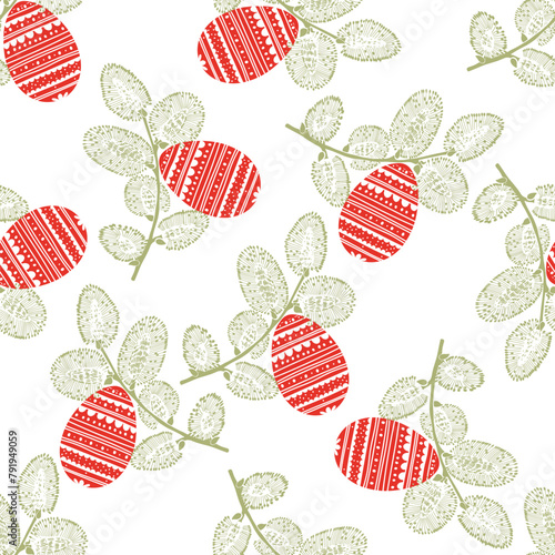 Easter background with willow branch and festive egg on white. Vector hand drawn illustration. Perfect for design templates, wallpaper, wrapping, fabric and textile, print, invitation, card.