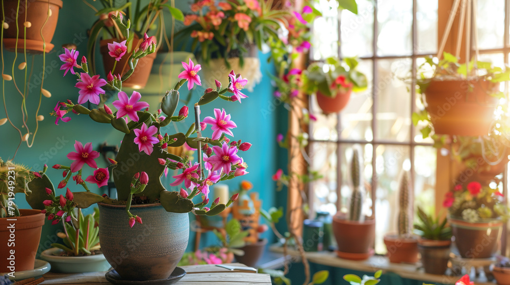 Easter Cactus plant in a cozy indoor setting, its cascading branches adorned with a plethora of vibrant blooms, bringing a touch of color and cheer to any space with its radiant beauty.