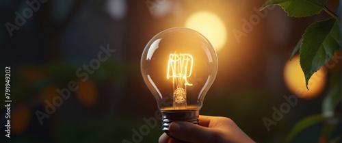 Hand holding light bulb against nature on orange leaf with energy source photo