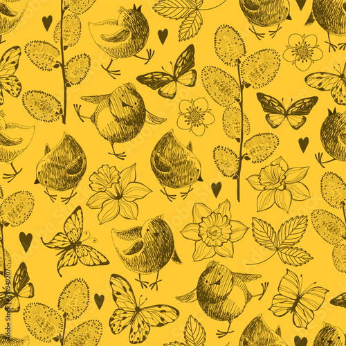 Spring seamless pattern with flowers, butterflies, and cute chickens on a yellow background. Hand drawn cute cartoon illustration. Vector.  Perfect for wallpaper, wrapping, fabric, invitation, card, p