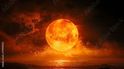 a big sun surface with solar flares and copy space on black background, global warming concept. Abstract scientific in universe background Ai generated  photo