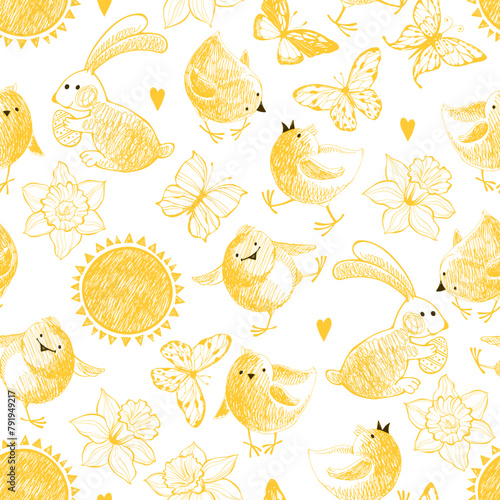 Cartoon spring pattern. Easter vector background with cute bunnies, chickens, butterflies, daffodils.  Perfect for wallpaper, wrapping, fabric and textile, invitation, card, tile, print.