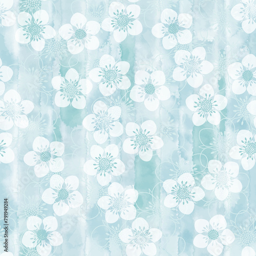 Abstract white flowers on blue watercolor. Hand drawn vector seamless pattern.  Art floral background. Perfect for design templates, wallpaper, wrapping, print, fabric and textile.