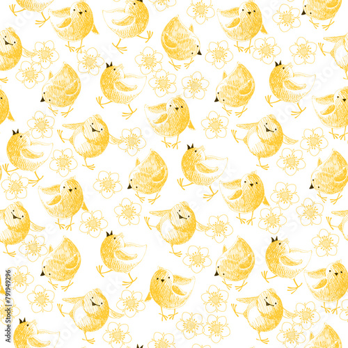 Chicks and flowers. Seamless pattern. Hand drawn cute cartoon illustration. Vector.  Perfect for wallpaper  wrapping  fabric and textile  invitation  card  tile  print.