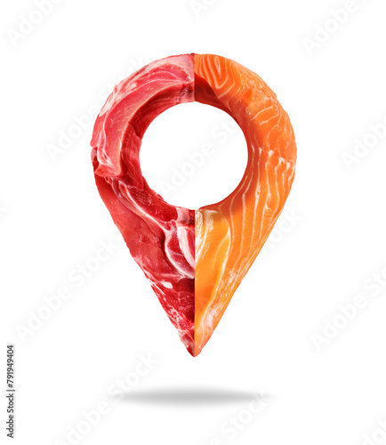 Location symbol made of raw beef meat steaks and red fish slices