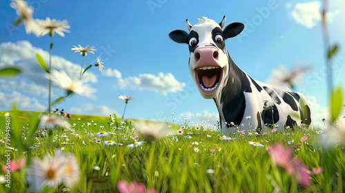 Funny black and white cow looks at the camera and laughs on a green meadow under a blue sky