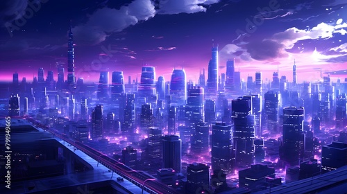 Futuristic city at night with neon lights. 3d rendering © Iman