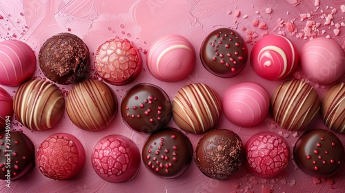 Chocolate candies on pink background, top view
