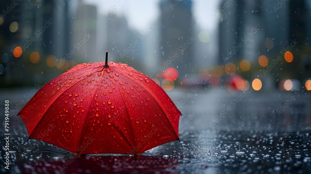 An umbrella with a red background among a black background and a cityscape