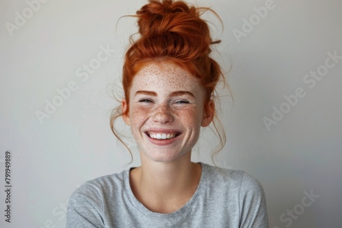 Lively redhead woman with freckles shows a vibrant smile on neutral backdrop photo