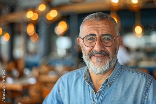 Confident mature man with gray hair and glasses smiling in front of a cafe backdrop