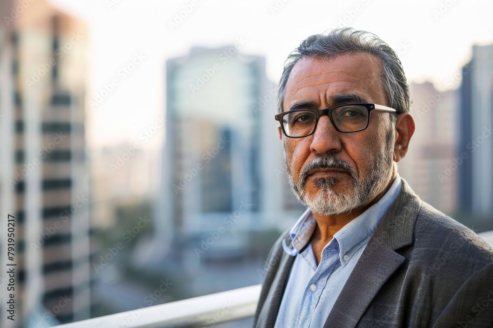Middle-aged businessman in glasses poses with a serious look against soft city backdrop Middle-aged businessman in glasses poses with a serious look against soft city backdrop