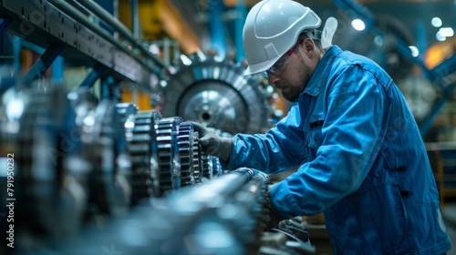 man worker wearing safety goggles control lathe machine to drill components. Metal lathe industrial manufacturing factory