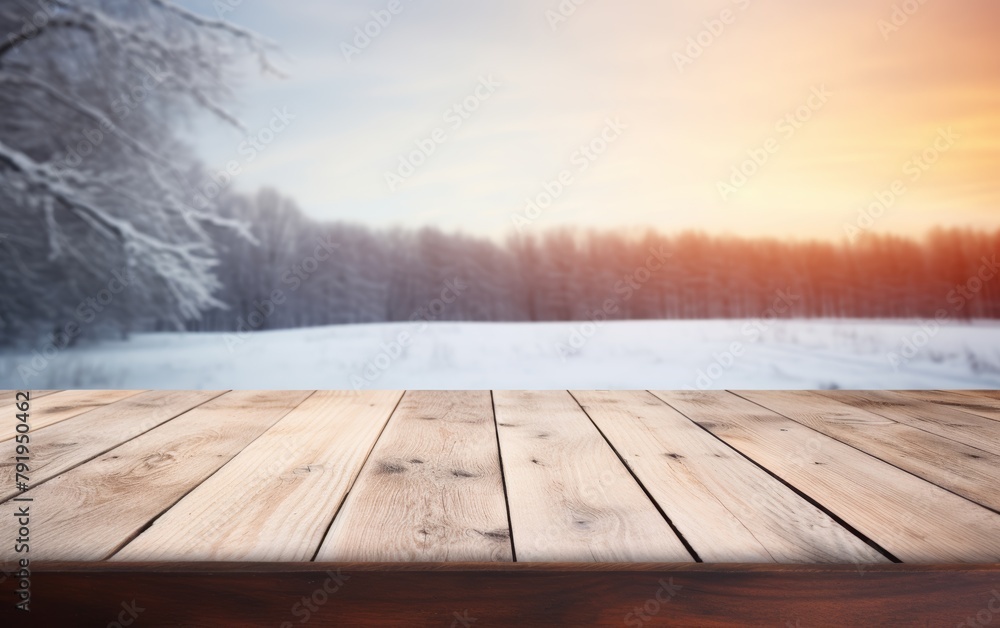 wooden table place of snow and trees of snow place 