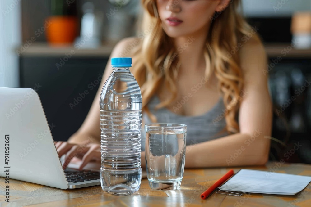 Fresh water bottle in focus with a blurred female figure using a laptop, a study of daily life and health Fresh water bottle in focus with a blurred female figure using a laptop, a study of daily life and health