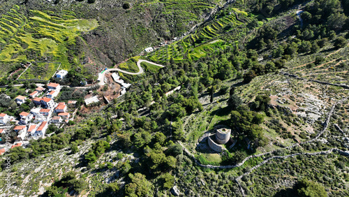 Aerial drone photo of beautiful nature at spring in island of Hydra, Saronic gulf, Greece
