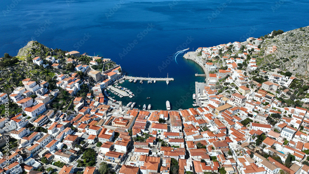 Fototapeta premium Aerial drone photo of picturesque and historic main village of Hydra or Ydra island well know for captain's mansions and marine tradition, Saronic gulf, Greece