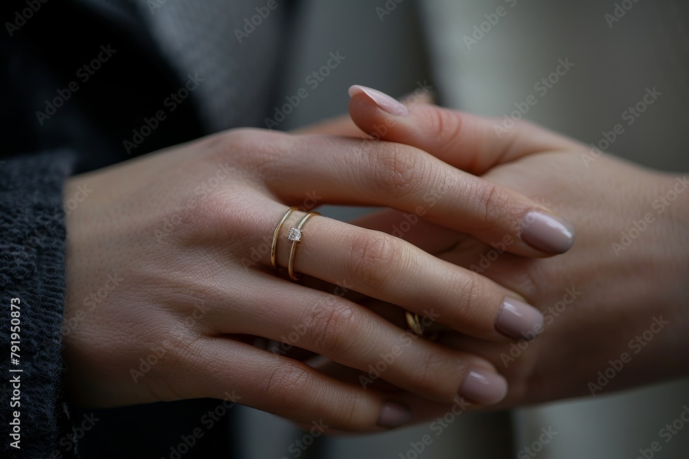A well-manicured hand adorned with a diamond wedding ring rests on another hand, both wearing a black sweater A well-manicured hand adorned with a diamond wedding ring rests on another hand, both wearing a black sweater