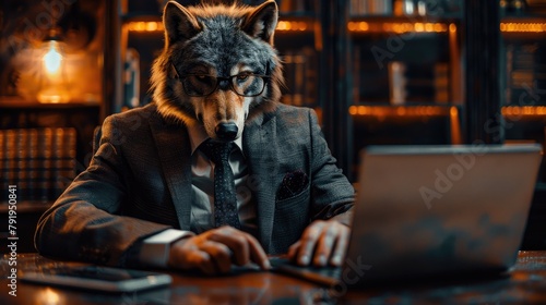 A businessman with a wolf's head in a business suit and tie, wearing glasses on a blurred background. Wolf character, association with strong qualities of a businessman. High quality photo