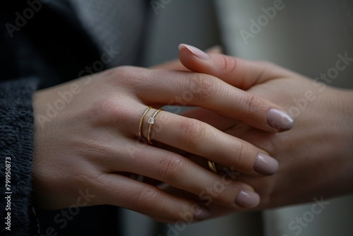 A well-manicured hand adorned with a diamond wedding ring rests on another hand, both wearing a black sweater