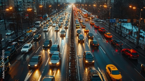 Traffic jam in urban street vehicles in row