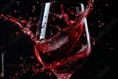 A dynamic image of a glass with red liquid splashing out, suspended droplets against a stark black backdrop photo