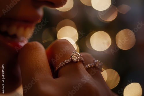 Close view of a woman's hand showcasing an elegant diamond engagement ring, blurred lights creating a romantic atmosphere photo