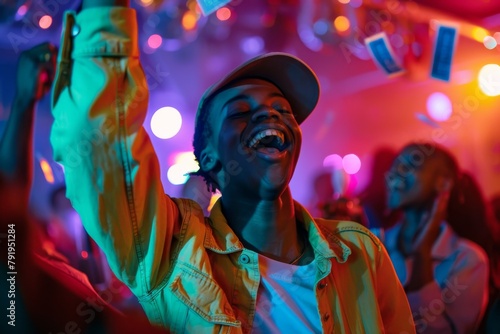 The image captures the essence of a lively party atmosphere with vivid colorful lighting and dynamic crowd energy