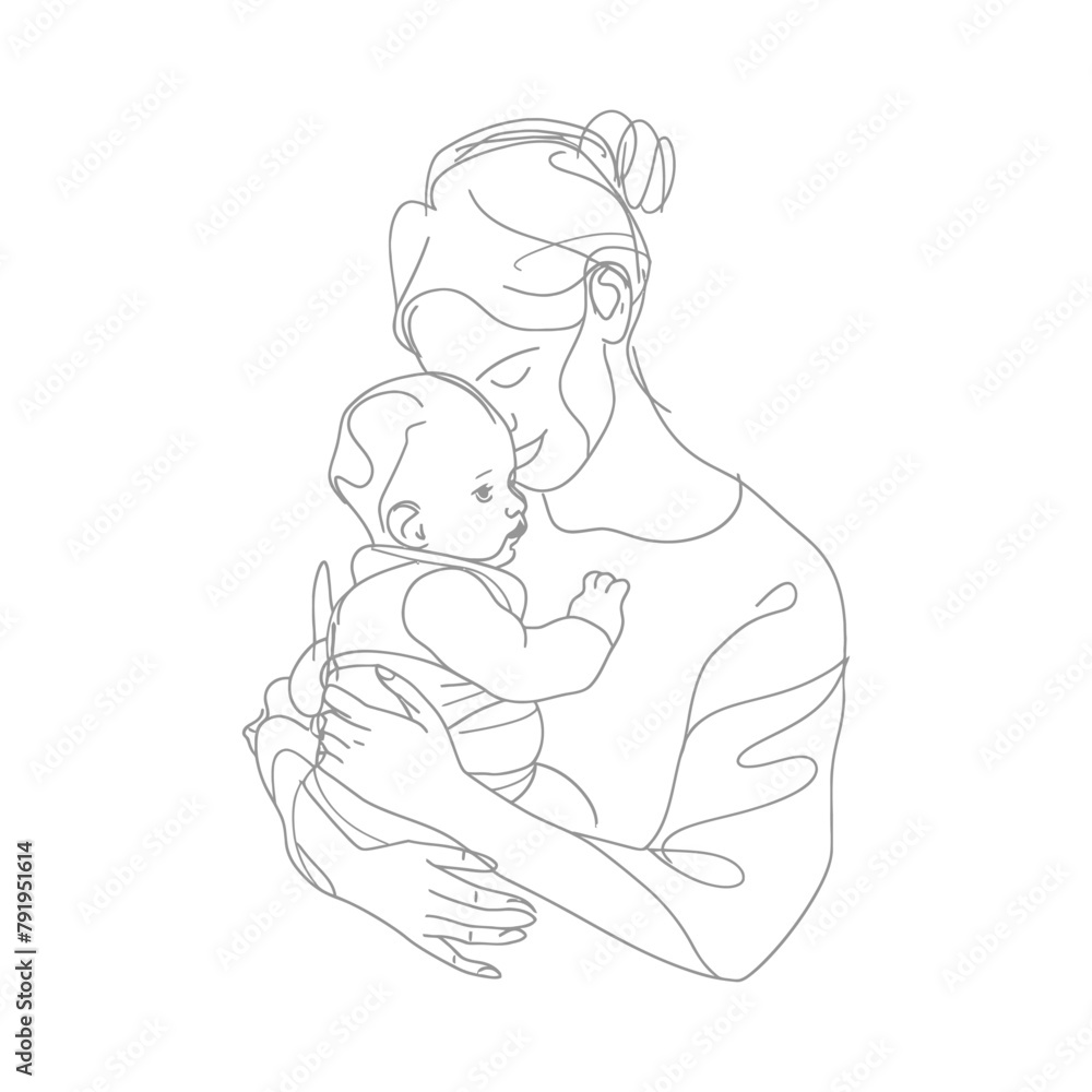 One continuous line drawing of mother holding baby black color only One continuous line drawing of mother holding baby black color only