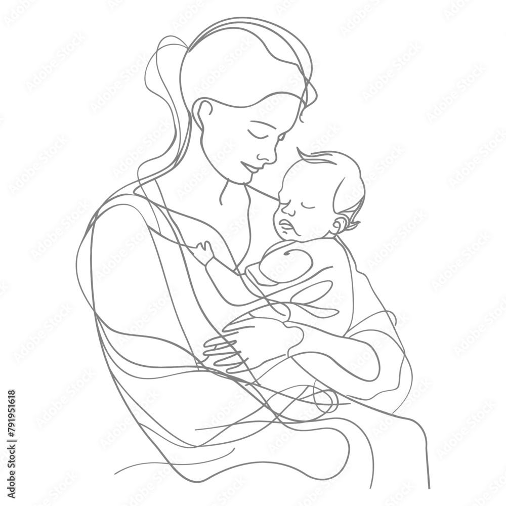 One continuous line drawing of mother holding baby black color only One continuous line drawing of mother holding baby black color only