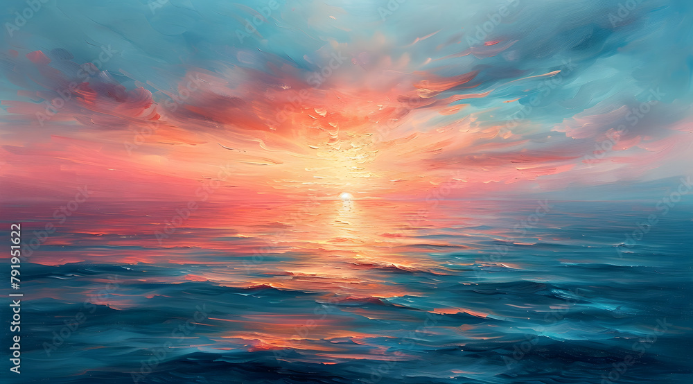 Serene Sunset Radiance: Artistic Oil Painting with Warm Glow and Pastel Sky