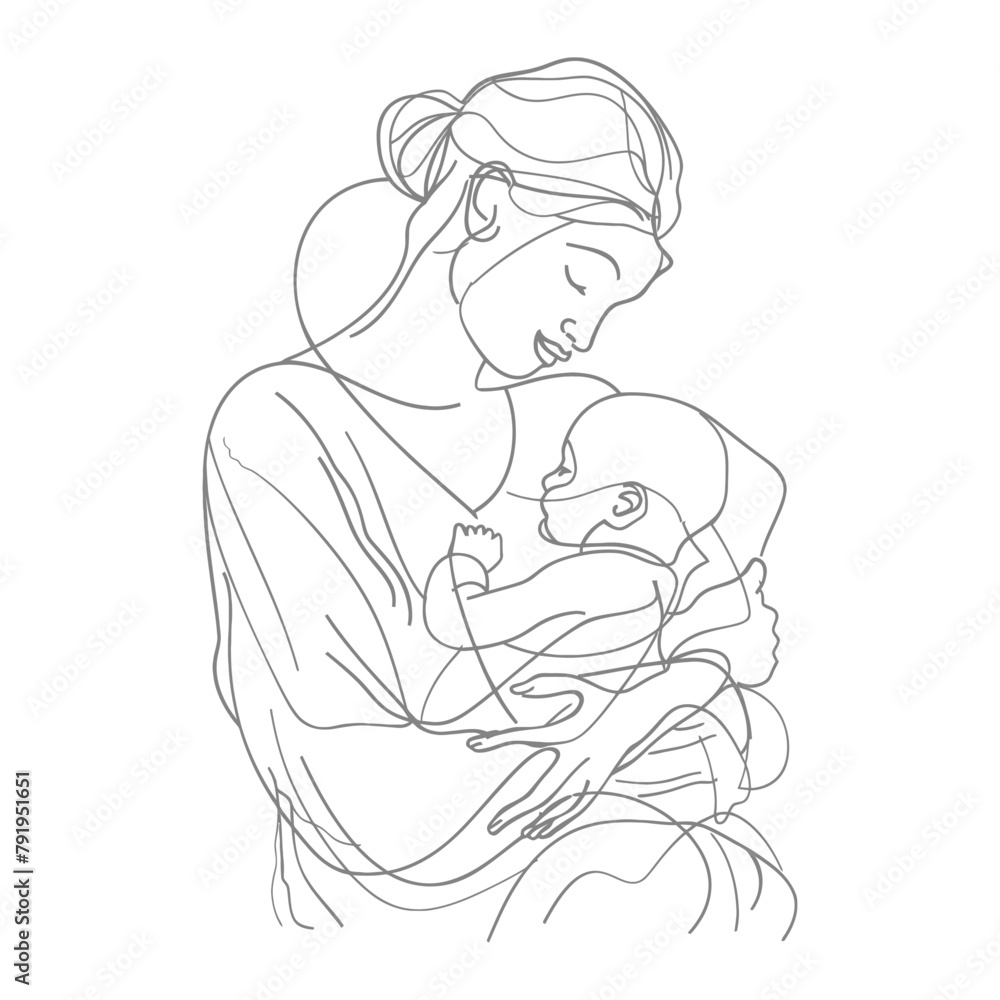 One continuous line drawing of mother holding baby black color only One continuous line drawing of mother holding baby black color only