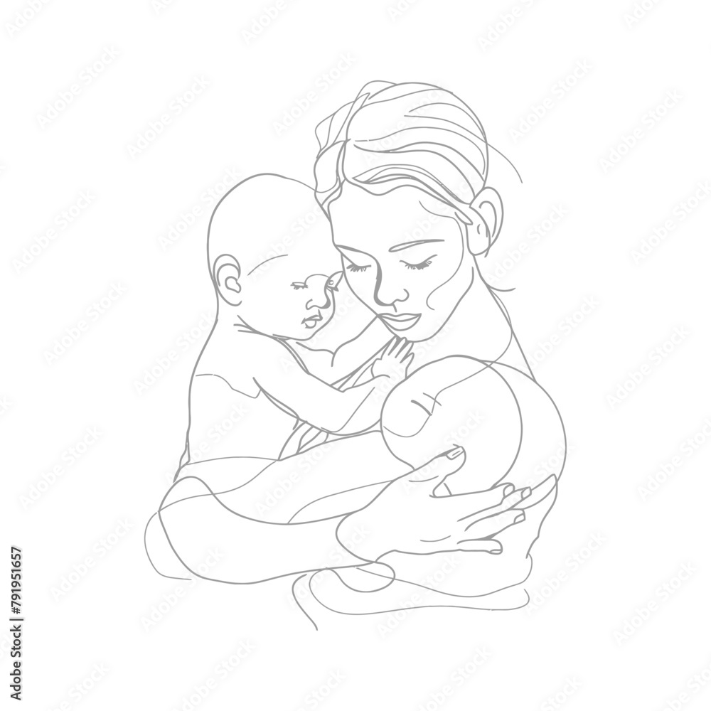 One continuous line drawing of mother holding baby black color only One continuous line drawing of mother holding baby black color only