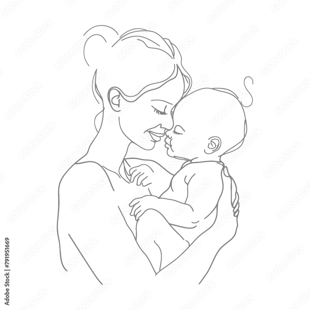 One continuous line drawing of mother holding baby black color only One continuous line drawing of mother holding baby black color only