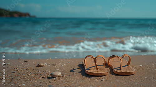 a pair of old flip-flops on the sand by the very water of the sea, light summer beach shoes on the seashore symbolizing a carefree vacation without spending a lot of money