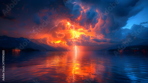 Lightning striking over a large lake  using HDR to capture the intense contrast between the dark clouds and the bright lightning