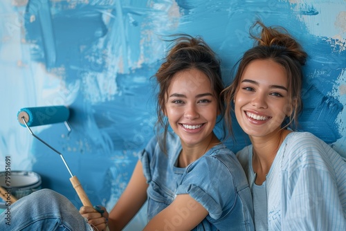 Two friends showing off their paint rollers while wearing shirts with blue paint, displaying fun during home renovation photo