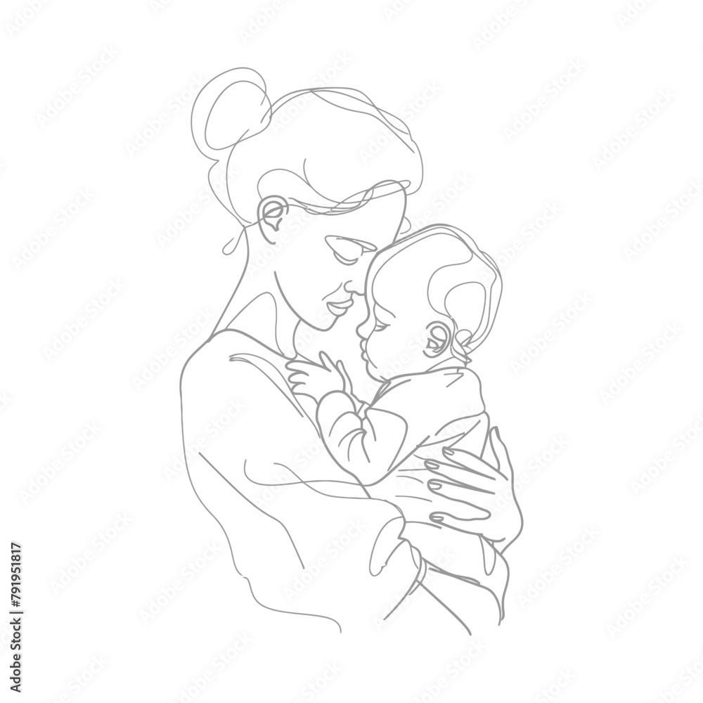One continuous line drawing of mother holding baby black color only One continuous line drawing of mother holding baby black color only
