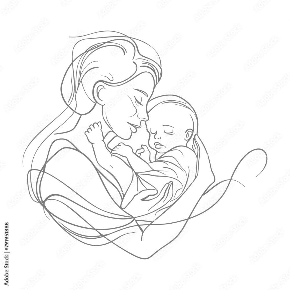 One continuous line drawing of mother holding baby black color only One continuous line drawing of mother holding baby black color only