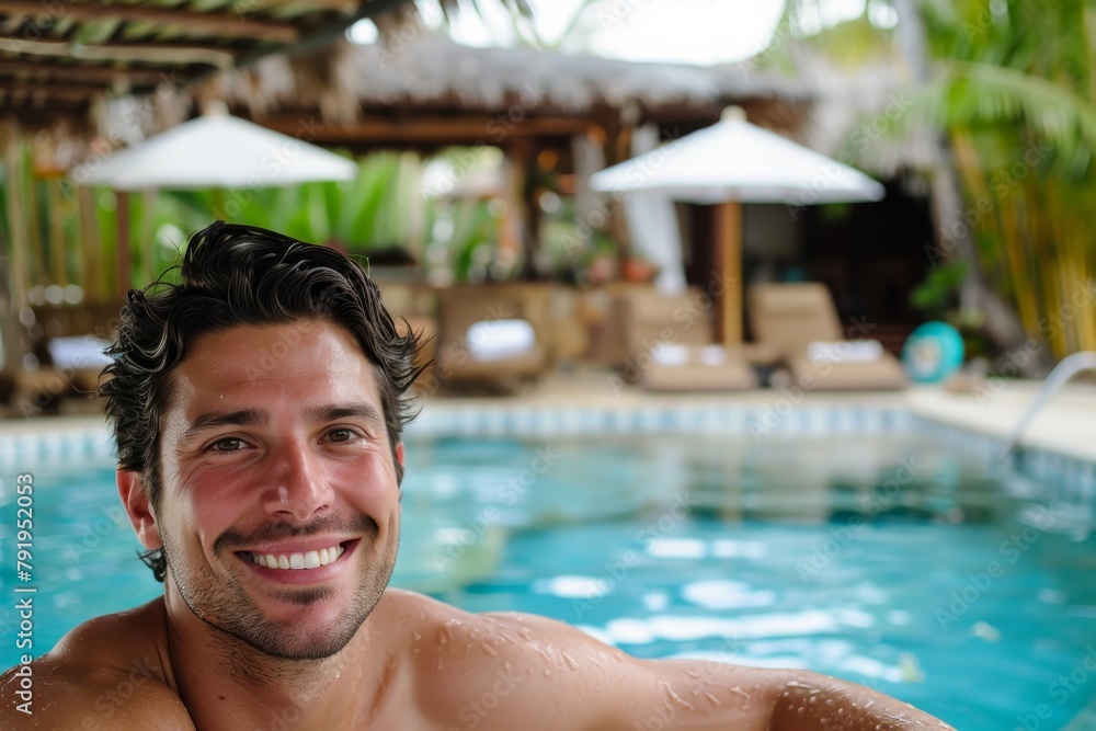 A cheerful man with wet hair smiles broadly in a refreshing swimming pool setting