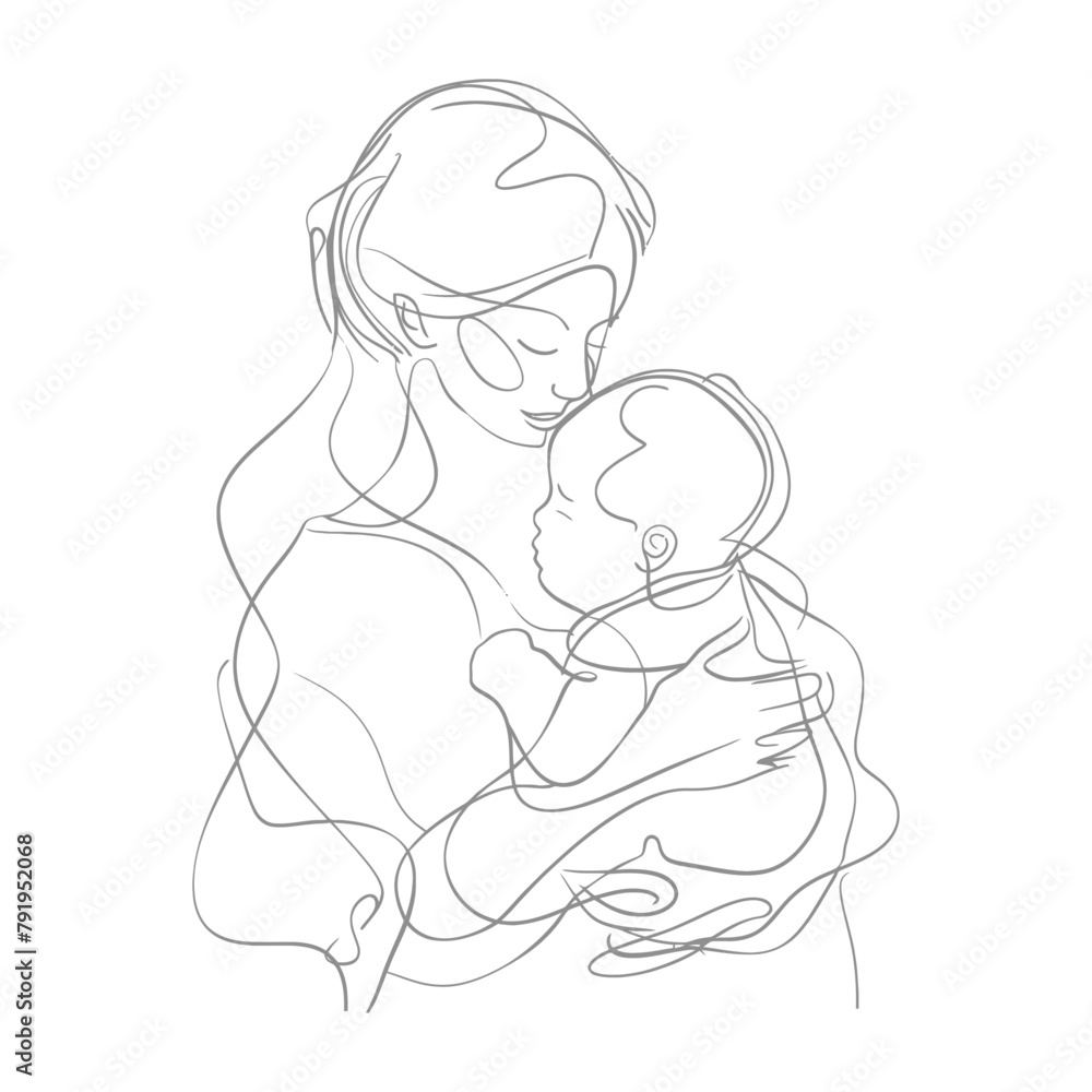 One continuous line drawing of mother holding baby black color only One continuous line drawing of mother holding baby black color only