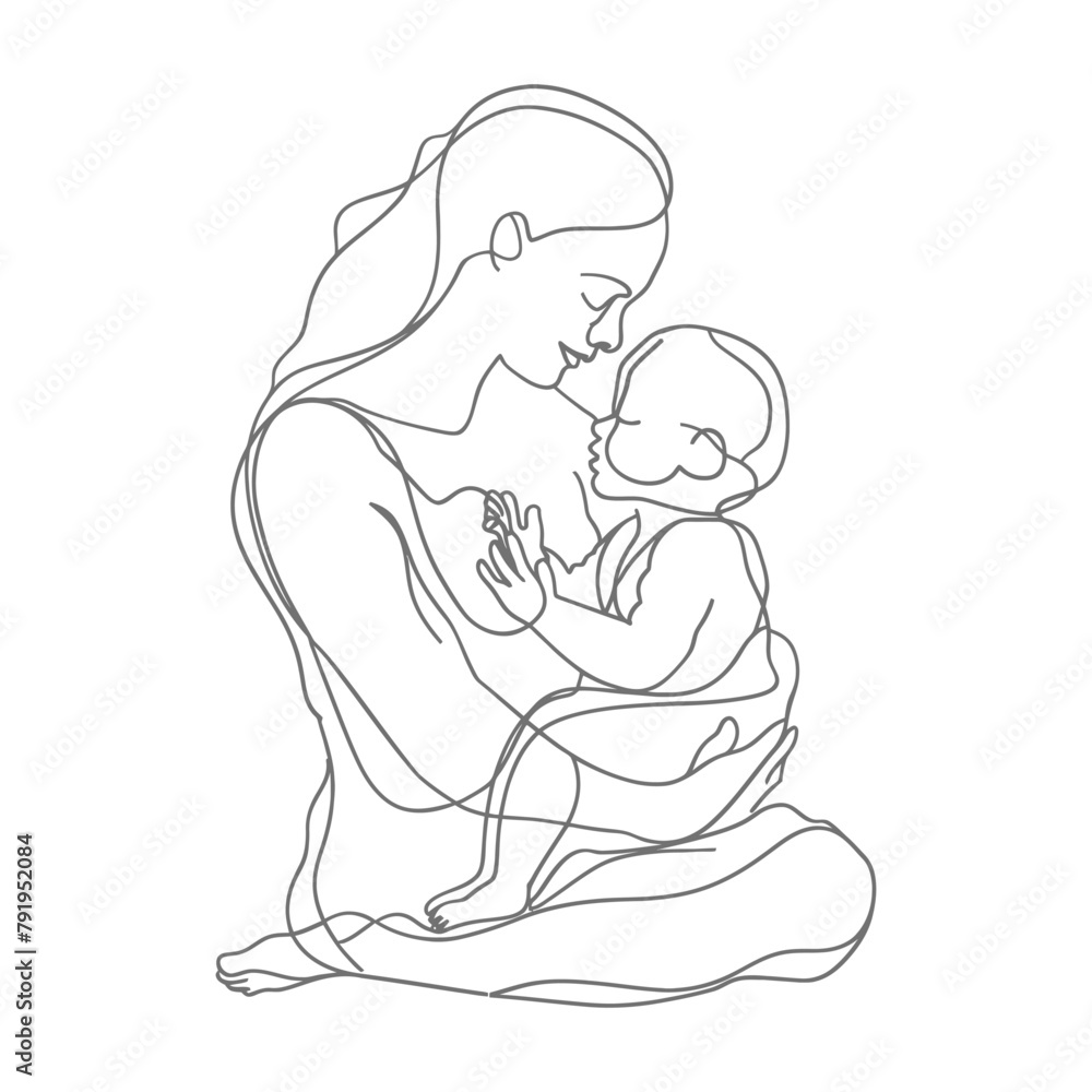 One continuous line drawing of mother holding baby black color only One continuous line drawing of mother holding baby black color only