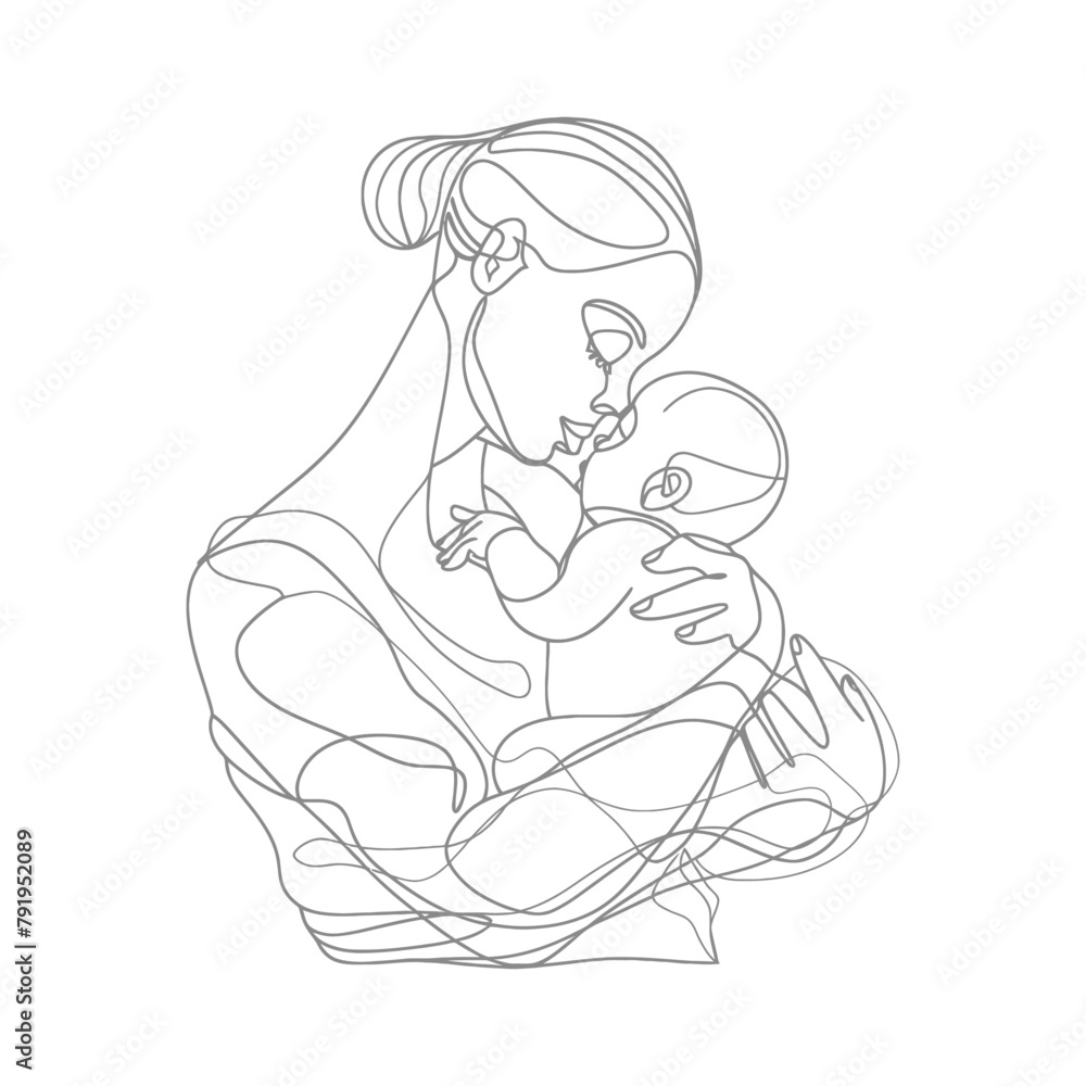 One continuous line drawing of mother holding baby black color only One continuous line drawing of mother holding baby black color only