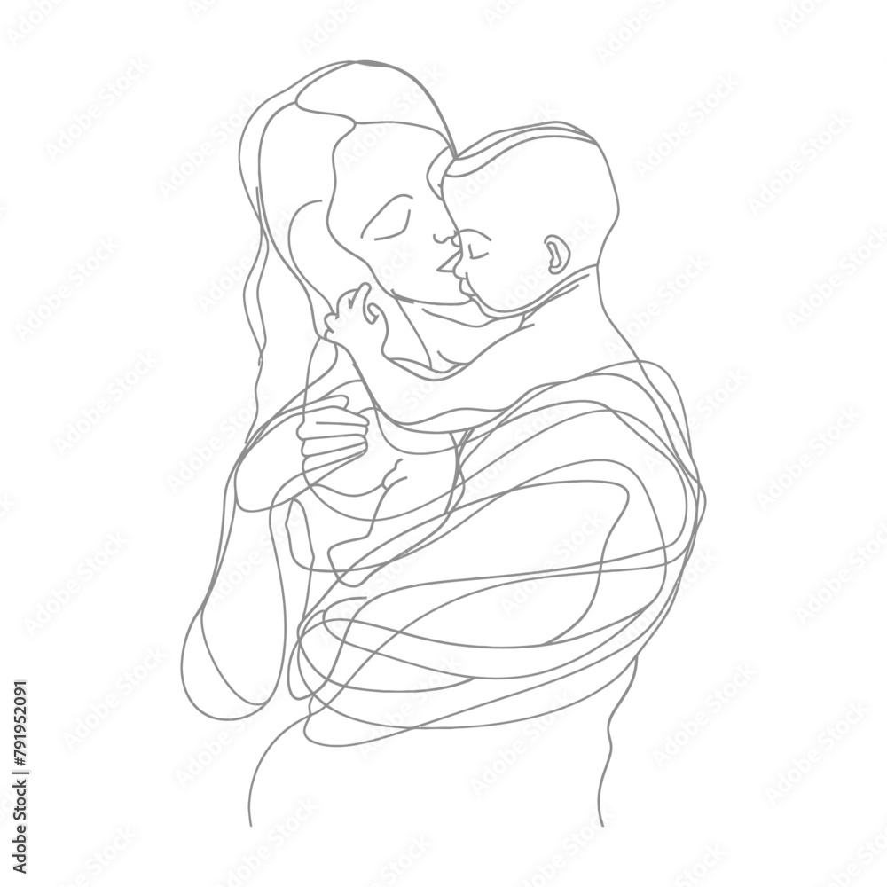 One continuous line drawing of mother holding baby black color only One continuous line drawing of mother holding baby black color only