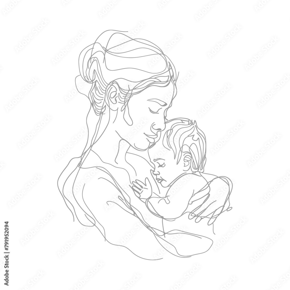 One continuous line drawing of mother holding baby black color only One continuous line drawing of mother holding baby black color only