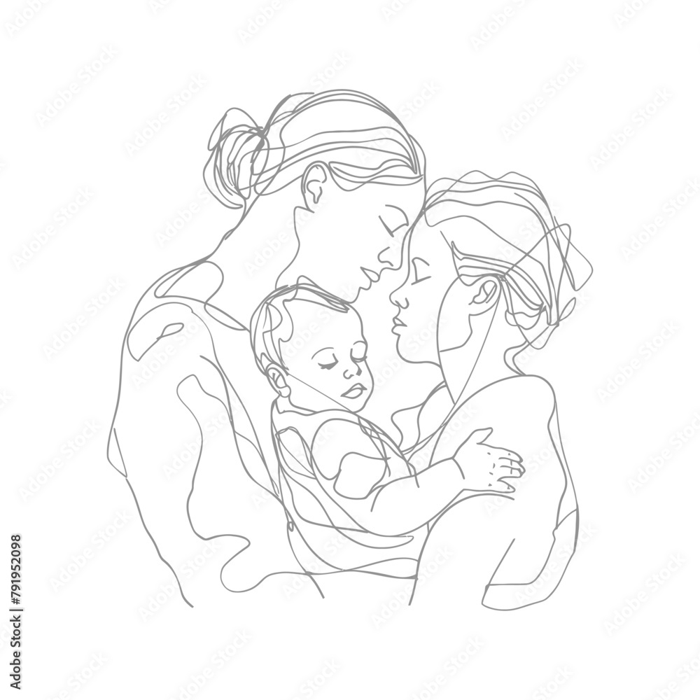 One continuous line drawing of mother holding baby black color only One continuous line drawing of mother holding baby black color only