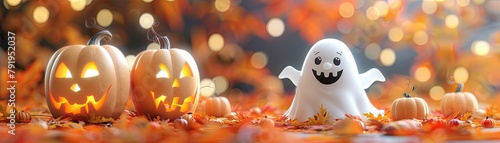 Adorable Halloween-themed illustration with ghosts and pumpkins